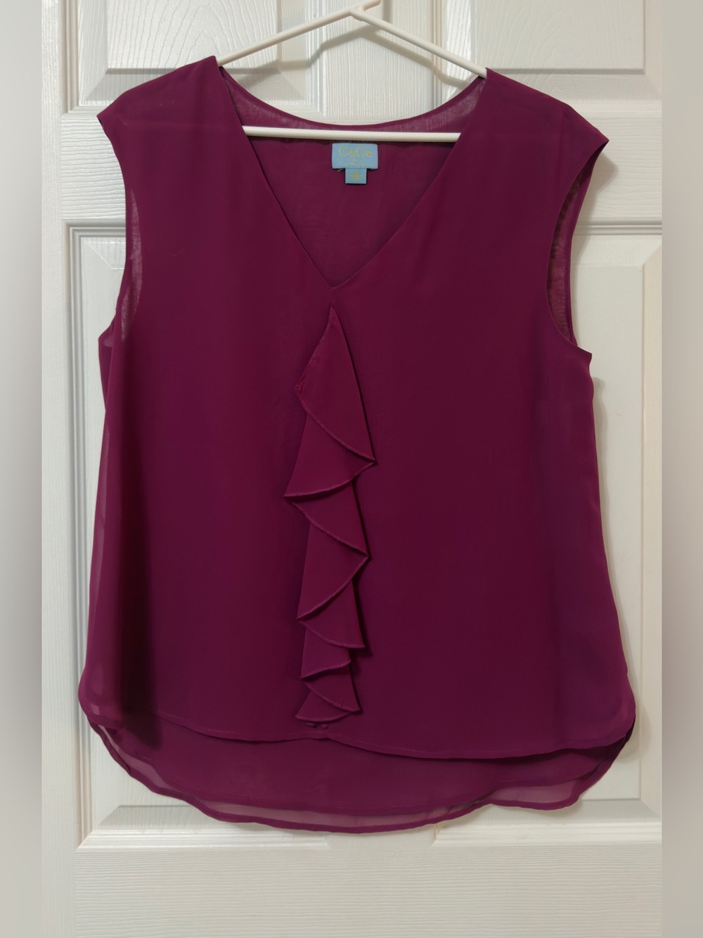 CeCe Sleeveless V-Neck Ruffle Blouse - Plum